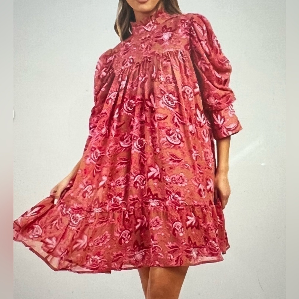 Boohoo Printed Puff Sleeve Ruffle Neck Smock Dress | Size 14 (XL) NWT